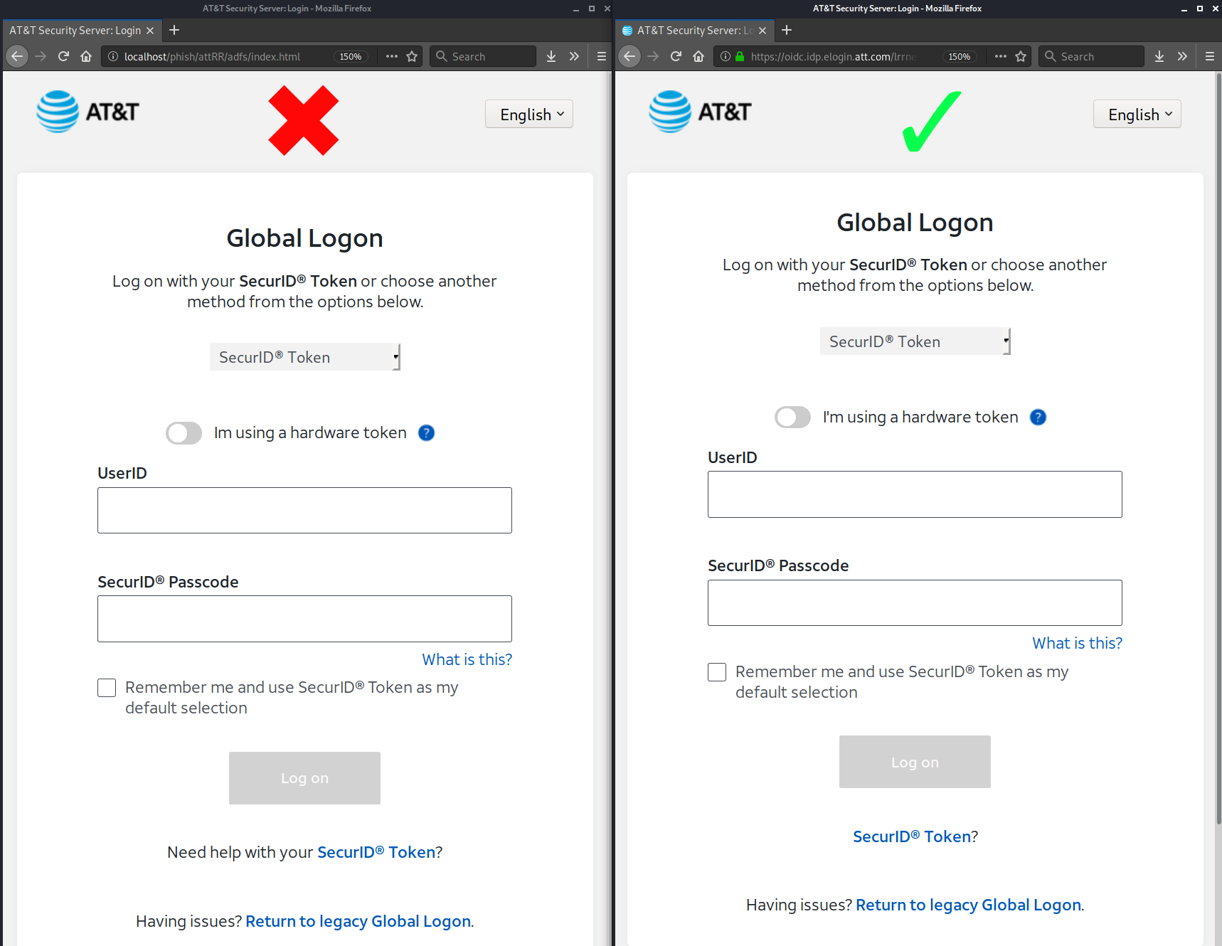 A side-by-side view of the phishing page